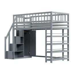 Okwish Lit mezzanine 90x200 cm - Lit ados avec clôture, penderie et étagères - Bois - Sans matelas - Gris* Lit Mezzanine