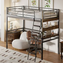 Lit Mezzanine 90x200 cm - Lit Ado avec Bureau et Étagères - Protection Anti-Chute Incluse - Métal et MDF - Noir - Sans Matelas>Okwish Discount