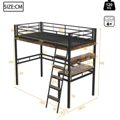Lit Mezzanine 90x200 cm - Lit Ado avec Bureau et Étagères - Protection Anti-Chute Incluse - Métal et MDF - Noir - Sans Matelas><noscript><img width=