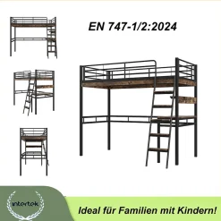 Lit Mezzanine 90x200 cm - Lit Ado avec Bureau et Étagères - Protection Anti-Chute Incluse - Métal et MDF - Noir - Sans Matelas><noscript><img width=