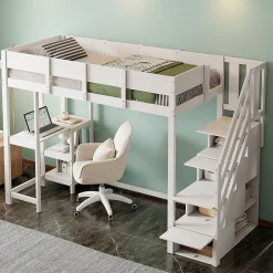 Lit mezzanine 90x200 cm - Lit avec rangement et étagère intégrée - Pin massif - Sans matelas - Blanc>Okwish New