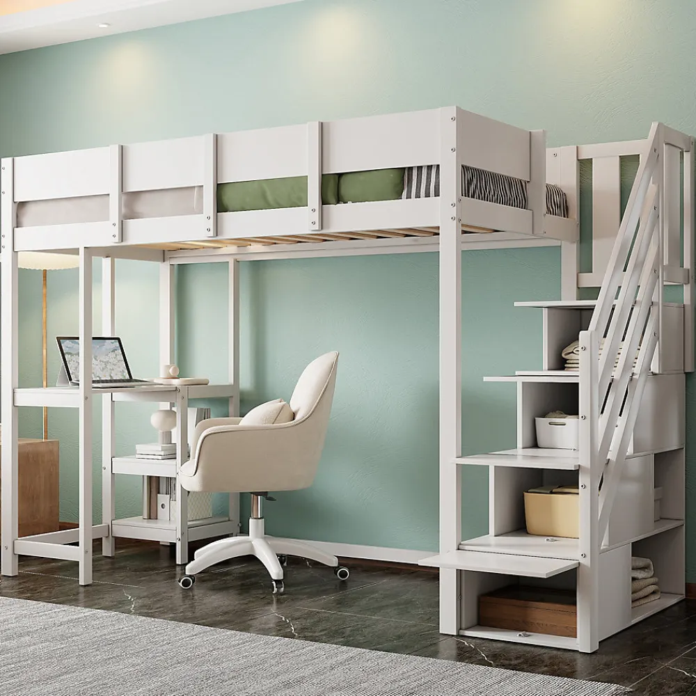 Lit mezzanine 90x200 cm - Lit avec rangement et étagère intégrée - Pin massif - Sans matelas - Blanc>Okwish New