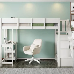 Lit mezzanine 90x200 cm - Lit avec rangement et étagère intégrée - Pin massif - Sans matelas - Blanc><noscript><img width=