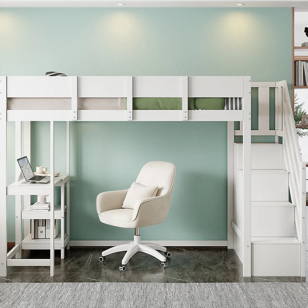 Lit mezzanine 90x200 cm - Lit avec rangement et étagère intégrée - Pin massif - Sans matelas - Blanc>Okwish New