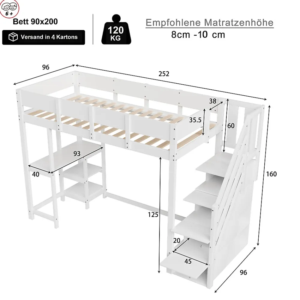 Lit mezzanine 90x200 cm - Lit avec rangement et étagère intégrée - Pin massif - Sans matelas - Blanc>Okwish New