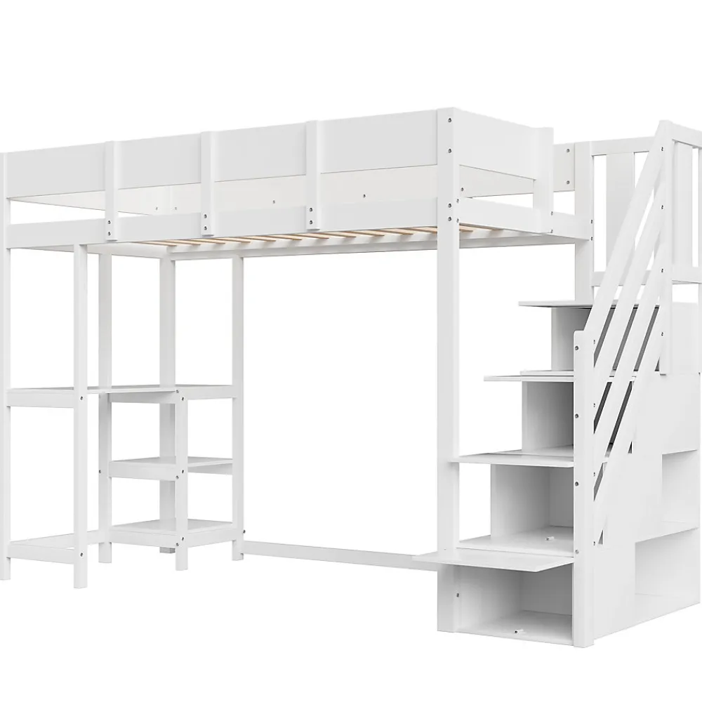 Lit mezzanine 90x200 cm - Lit avec rangement et étagère intégrée - Pin massif - Sans matelas - Blanc>Okwish New