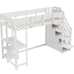 Lit mezzanine 90x200 cm - Lit avec rangement et étagère intégrée - Pin massif - Sans matelas - Blanc><noscript><img width=