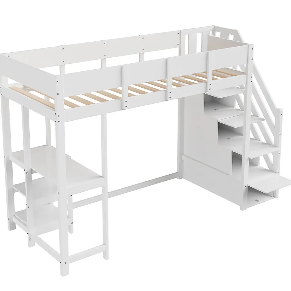 Lit mezzanine 90x200 cm - Lit avec rangement et étagère intégrée - Pin massif - Sans matelas - Blanc>Okwish New