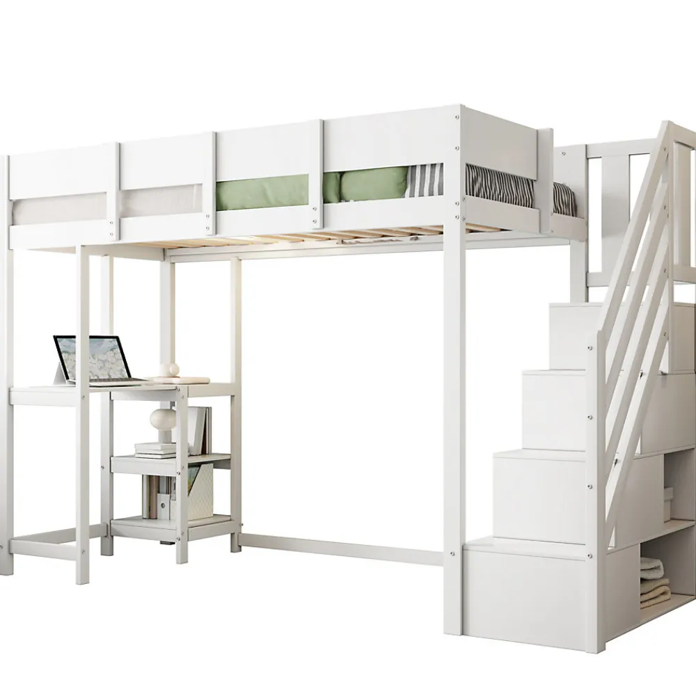 Lit mezzanine 90x200 cm - Lit avec rangement et étagère intégrée - Pin massif - Sans matelas - Blanc>Okwish New