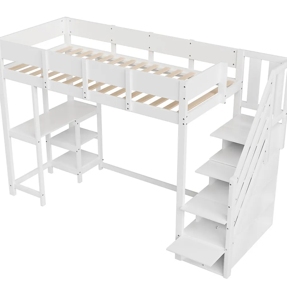 Lit mezzanine 90x200 cm - Lit avec rangement et étagère intégrée - Pin massif - Sans matelas - Blanc>Okwish New