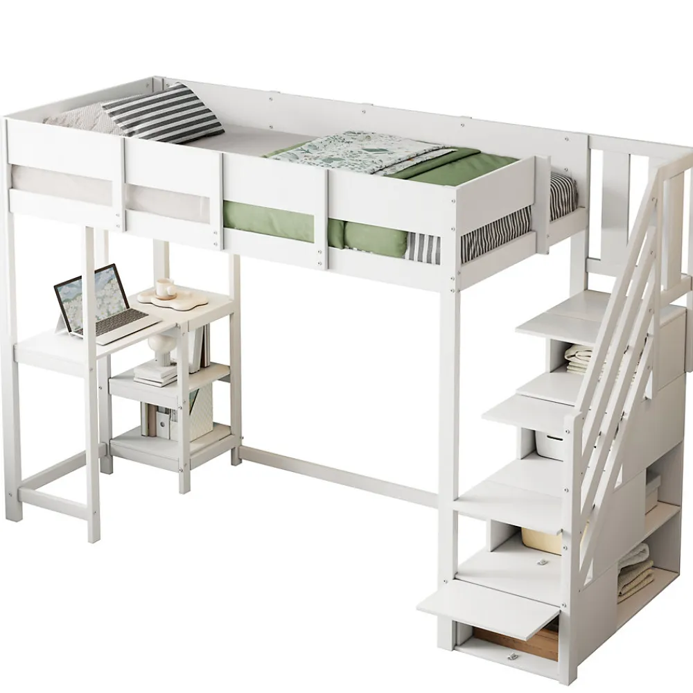 Lit mezzanine 90x200 cm - Lit avec rangement et étagère intégrée - Pin massif - Sans matelas - Blanc>Okwish New