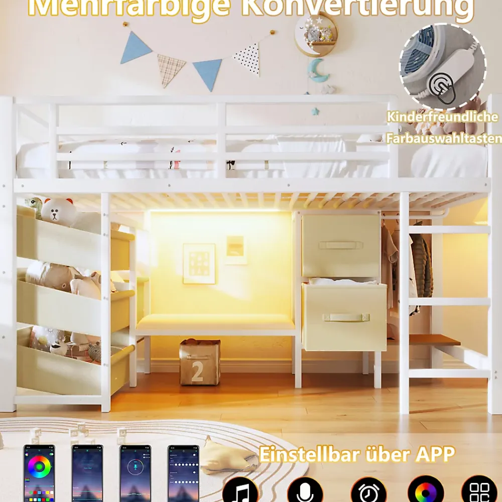 Okwish Lit Mezzanine 90x200 cm - Lit Ado avec LED Intégrée, Tiroirs en Tissu et Crochets pour Vêtements, en Métal - Sans Matelas Blanc* Lit Mezzanine