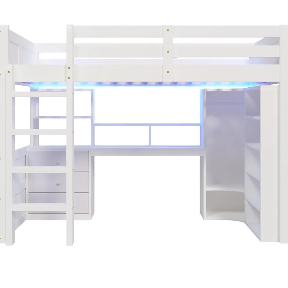 Lit Mezzanine 140x200 cm - Lit Ado avec LED et Bureau - Armoire et Tiroirs de Rangement Intégrés - sans Matelas - Blanc>Okwish Online