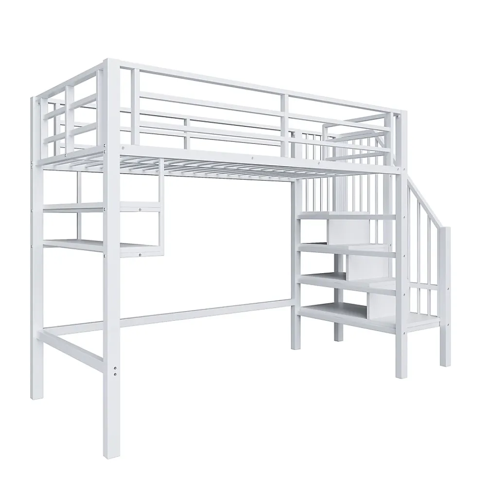 Okwish Lit mezzanine 90x200 cm - Lit avec rangement sous escalier et étagères intégrées - Métal et MDF - Sans matelas - Blanc* Lit Mezzanine