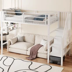 Okwish Lit mezzanine 90x200 cm - Lit avec rangement sous escalier et étagères intégrées - Métal et MDF - Sans matelas - Blanc* Lit Mezzanine