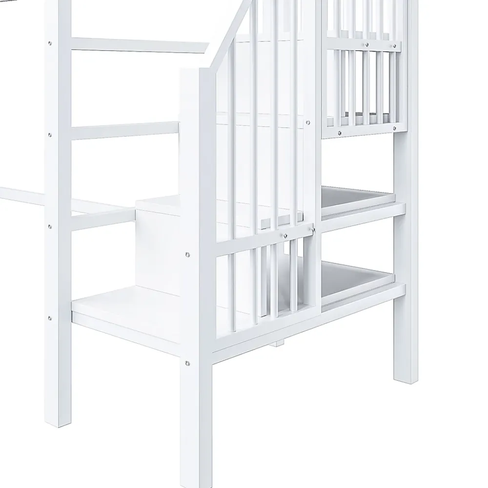 Okwish Lit mezzanine 90x200 cm - Lit avec rangement sous escalier et étagères intégrées - Métal et MDF - Sans matelas - Blanc* Lit Mezzanine