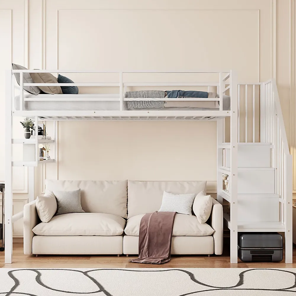 Okwish Lit mezzanine 90x200 cm - Lit avec rangement sous escalier et étagères intégrées - Métal et MDF - Sans matelas - Blanc* Lit Mezzanine