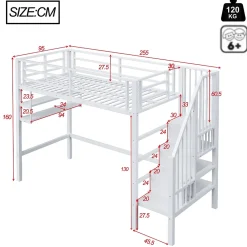 Okwish Lit mezzanine 90x200 cm - Lit avec rangement sous escalier et étagères intégrées - Métal et MDF - Sans matelas - Blanc* Lit Mezzanine