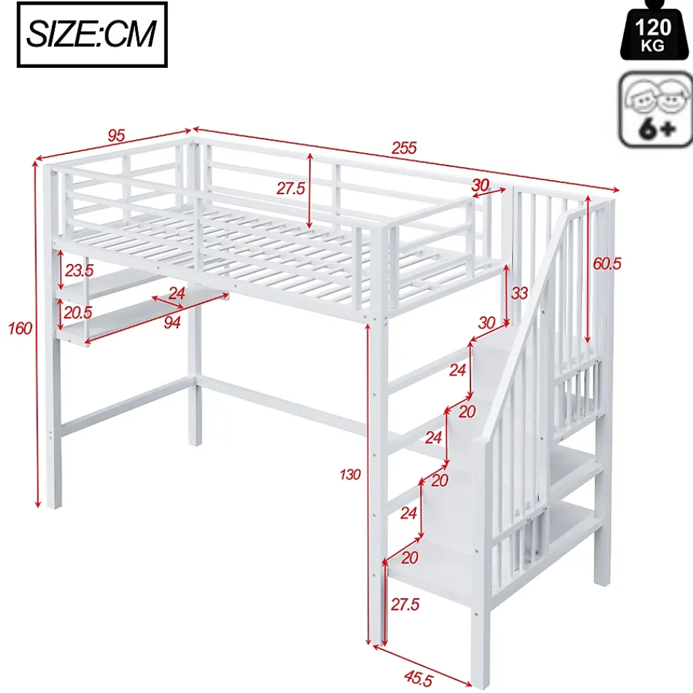 Okwish Lit mezzanine 90x200 cm - Lit avec rangement sous escalier et étagères intégrées - Métal et MDF - Sans matelas - Blanc* Lit Mezzanine