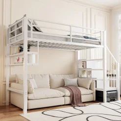 Okwish Lit mezzanine 90x200 cm - Lit avec rangement sous escalier et étagères intégrées - Métal et MDF - Sans matelas - Blanc* Lit Mezzanine
