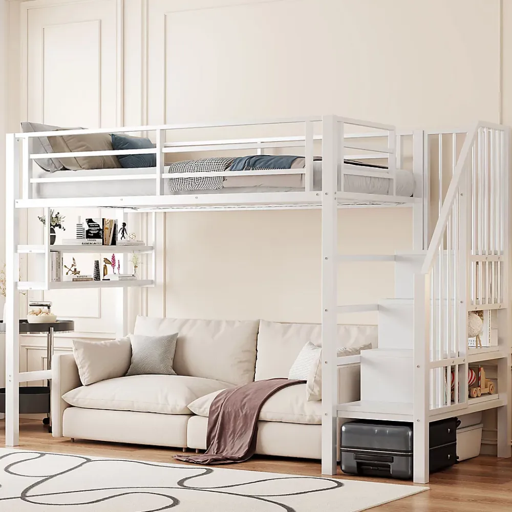 Okwish Lit mezzanine 90x200 cm - Lit avec rangement sous escalier et étagères intégrées - Métal et MDF - Sans matelas - Blanc* Lit Mezzanine