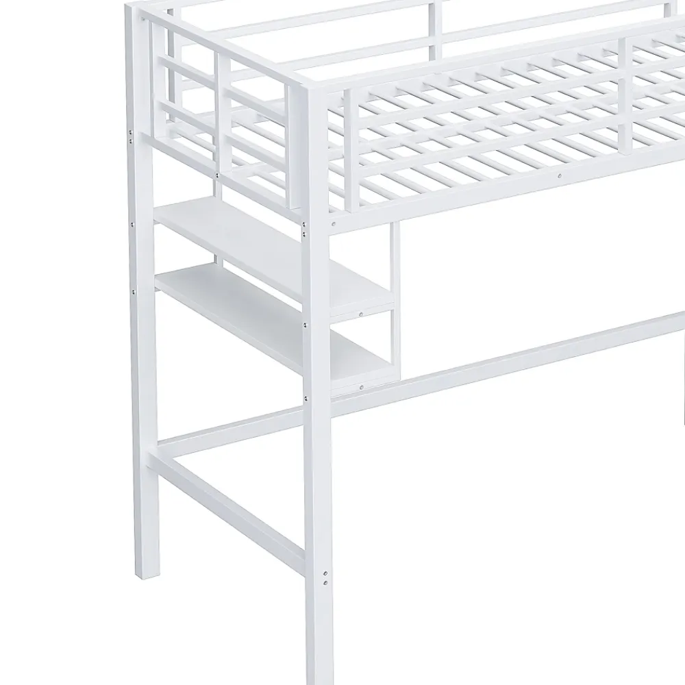 Okwish Lit mezzanine 90x200 cm - Lit avec rangement sous escalier et étagères intégrées - Métal et MDF - Sans matelas - Blanc* Lit Mezzanine