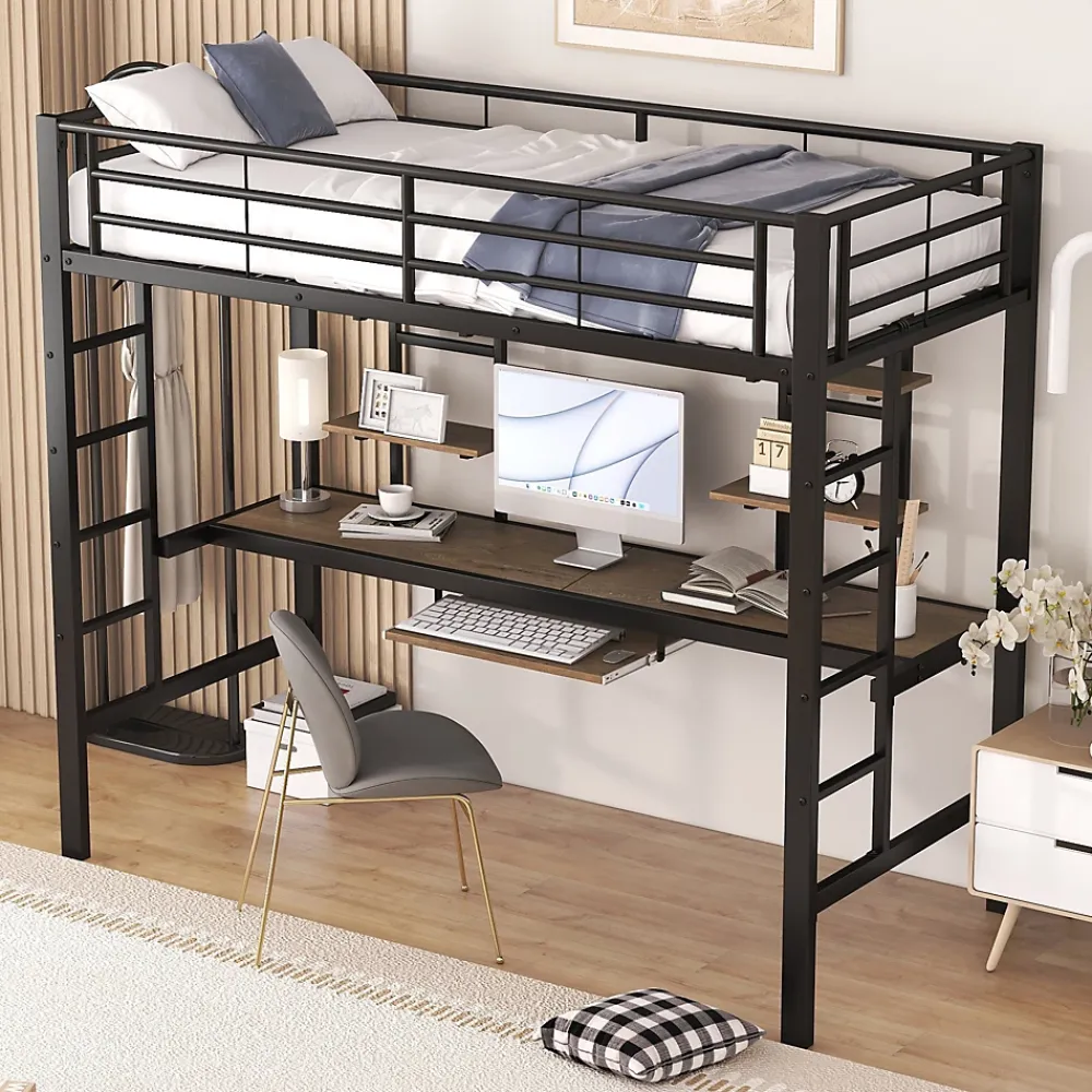 Okwish Lit Mezzanine 90x200 cm - Lit Ado avec Bureau Intégré et Espace de Rangement, Sans Matelas, en Métal et MDF, Noir* Lit Mezzanine