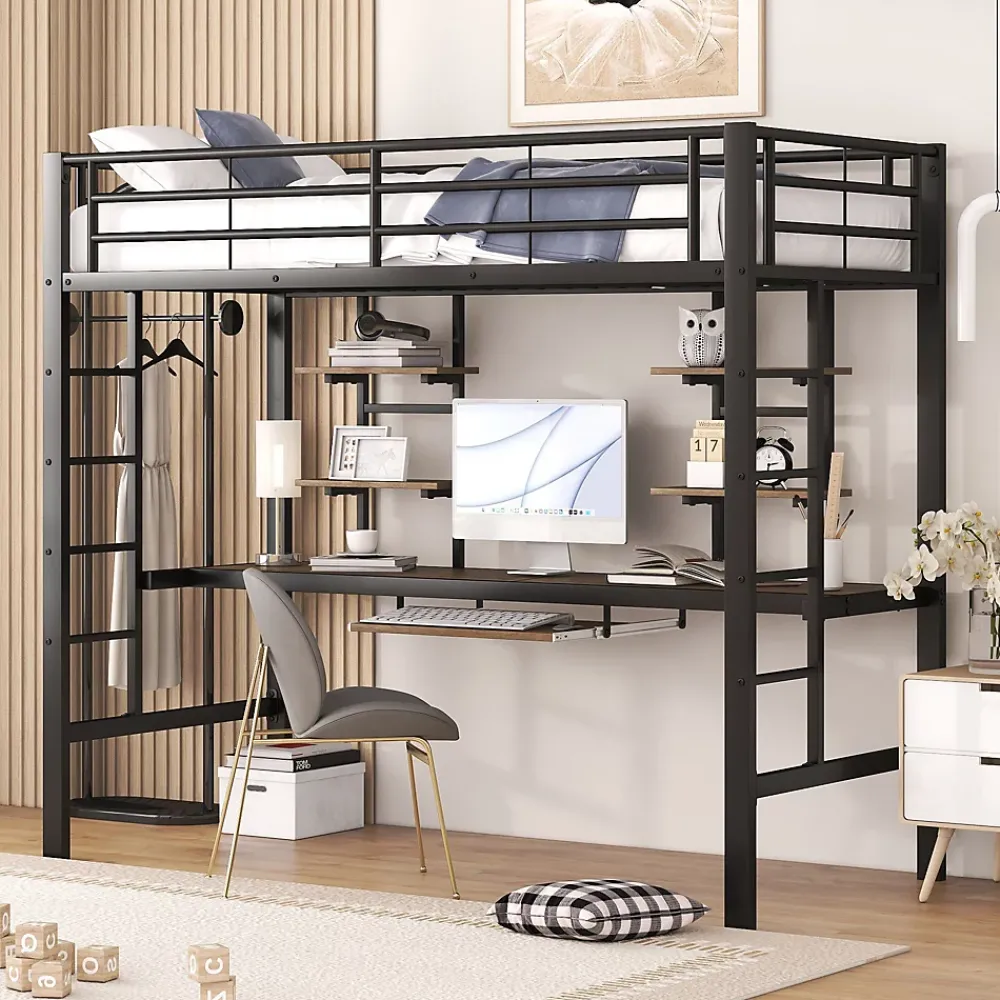 Okwish Lit Mezzanine 90x200 cm - Lit Ado avec Bureau Intégré et Espace de Rangement, Sans Matelas, en Métal et MDF, Noir* Lit Mezzanine