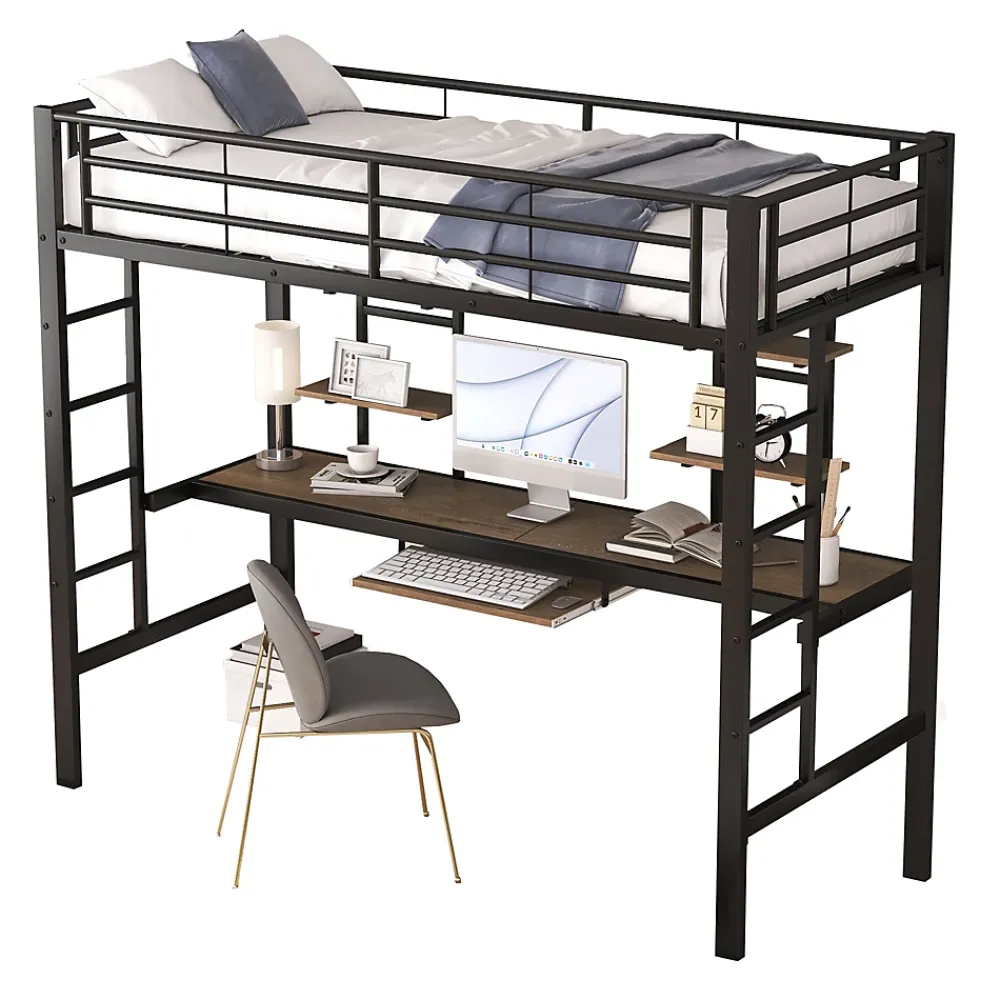 Okwish Lit Mezzanine 90x200 cm - Lit Ado avec Bureau Intégré et Espace de Rangement, Sans Matelas, en Métal et MDF, Noir* Lit Mezzanine