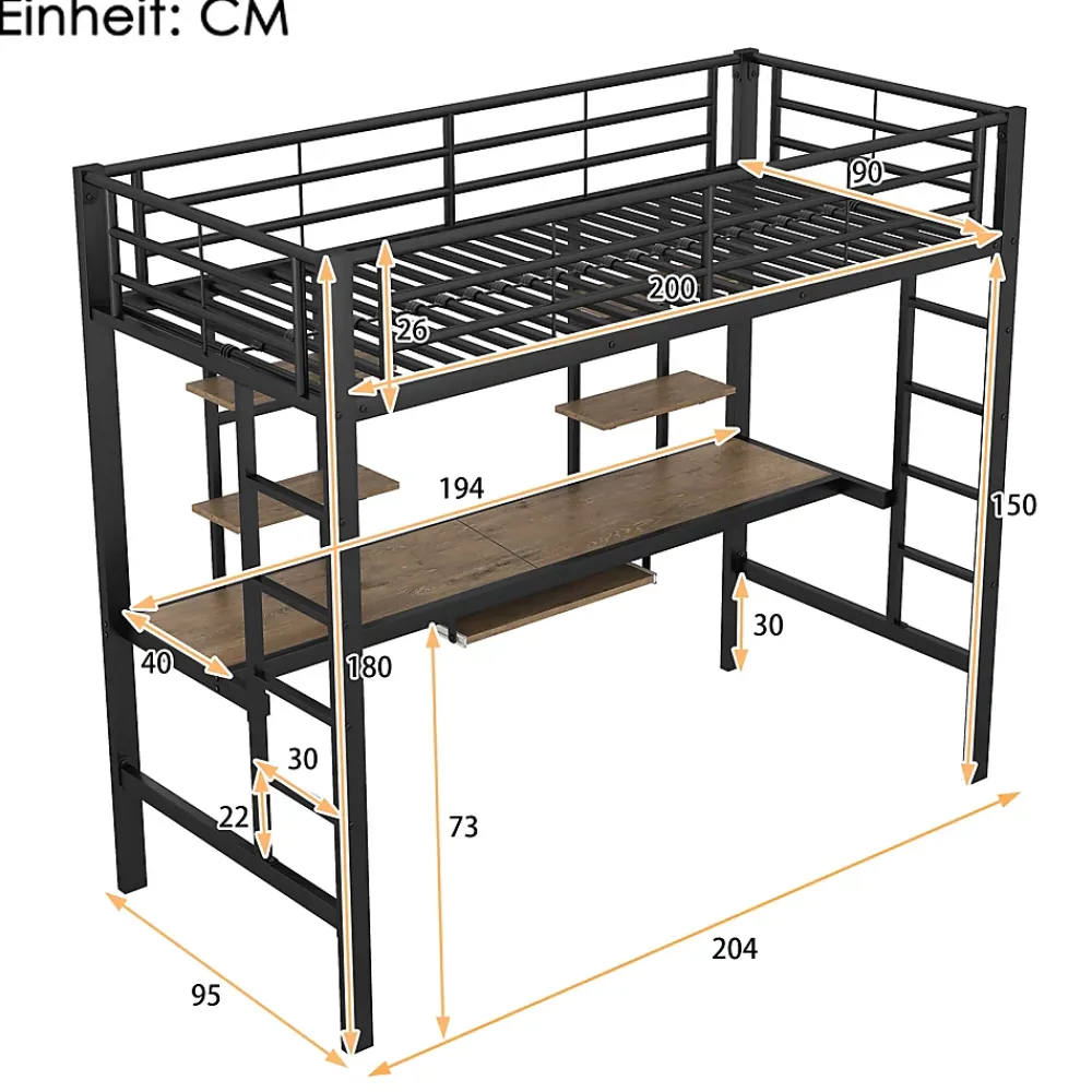 Okwish Lit Mezzanine 90x200 cm - Lit Ado avec Bureau Intégré et Espace de Rangement, Sans Matelas, en Métal et MDF, Noir* Lit Mezzanine