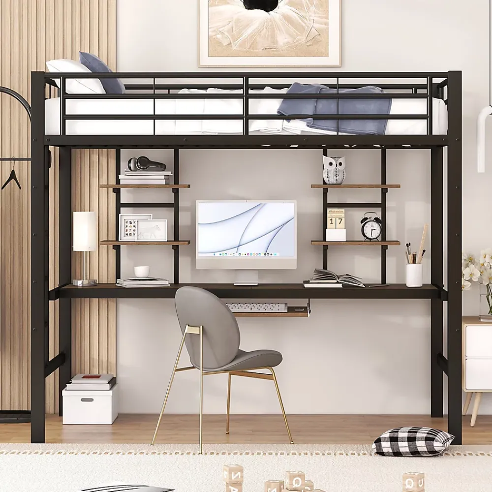 Okwish Lit Mezzanine 90x200 cm - Lit Ado avec Bureau Intégré et Espace de Rangement, Sans Matelas, en Métal et MDF, Noir* Lit Mezzanine