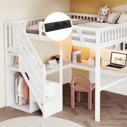 Okwish Lit Mezzanine 140x200 cm - Lit Ado avec Escalier et Rangement, Bureau Intégré avec LED et USB - Sans Matelas - Bois Blanc* Lit Mezzanine