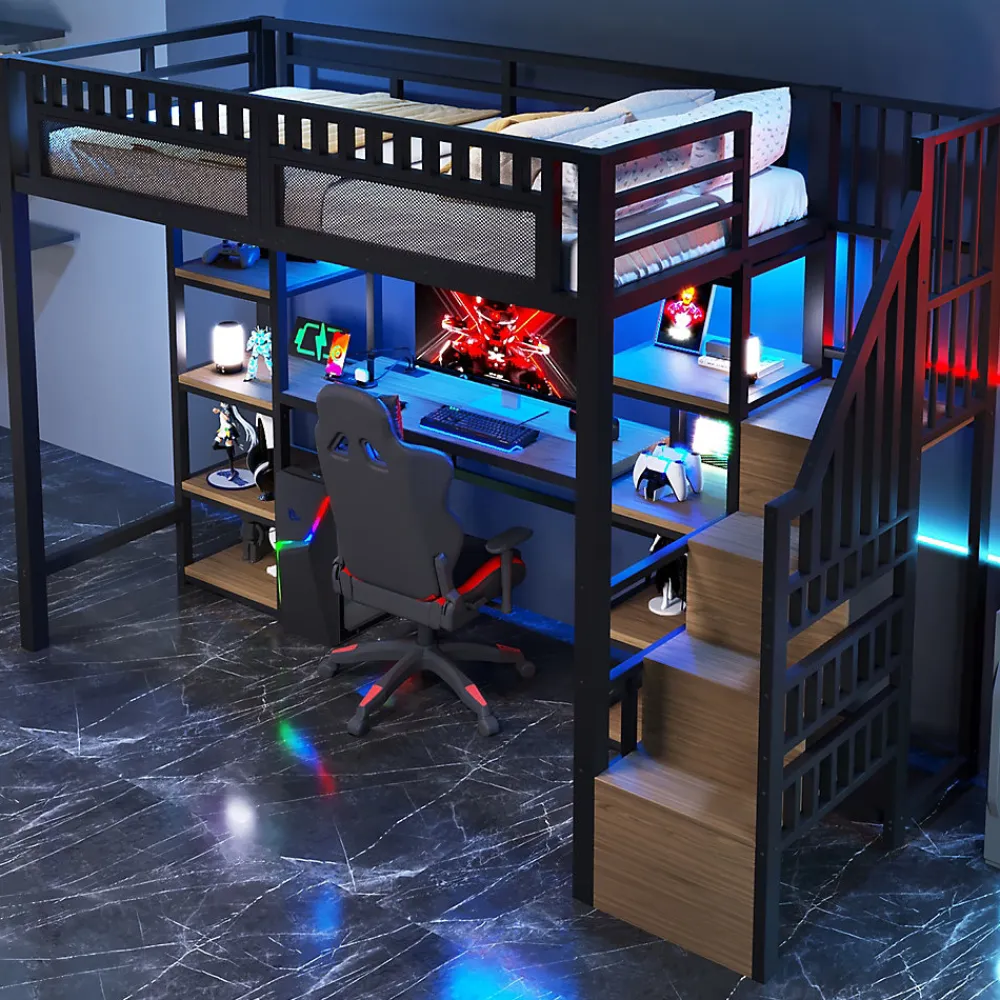 Lit Mezzanine 90x200 cm - Lit Ado Simple avec Bureau, Escalier Rangement et LED - Métal et MDF - sans Matelas - Noir>Okwish Outlet