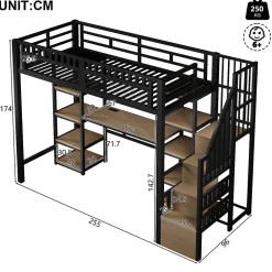 Lit Mezzanine 90x200 cm - Lit Ado Simple avec Bureau, Escalier Rangement et LED - Métal et MDF - sans Matelas - Noir><noscript><img width=