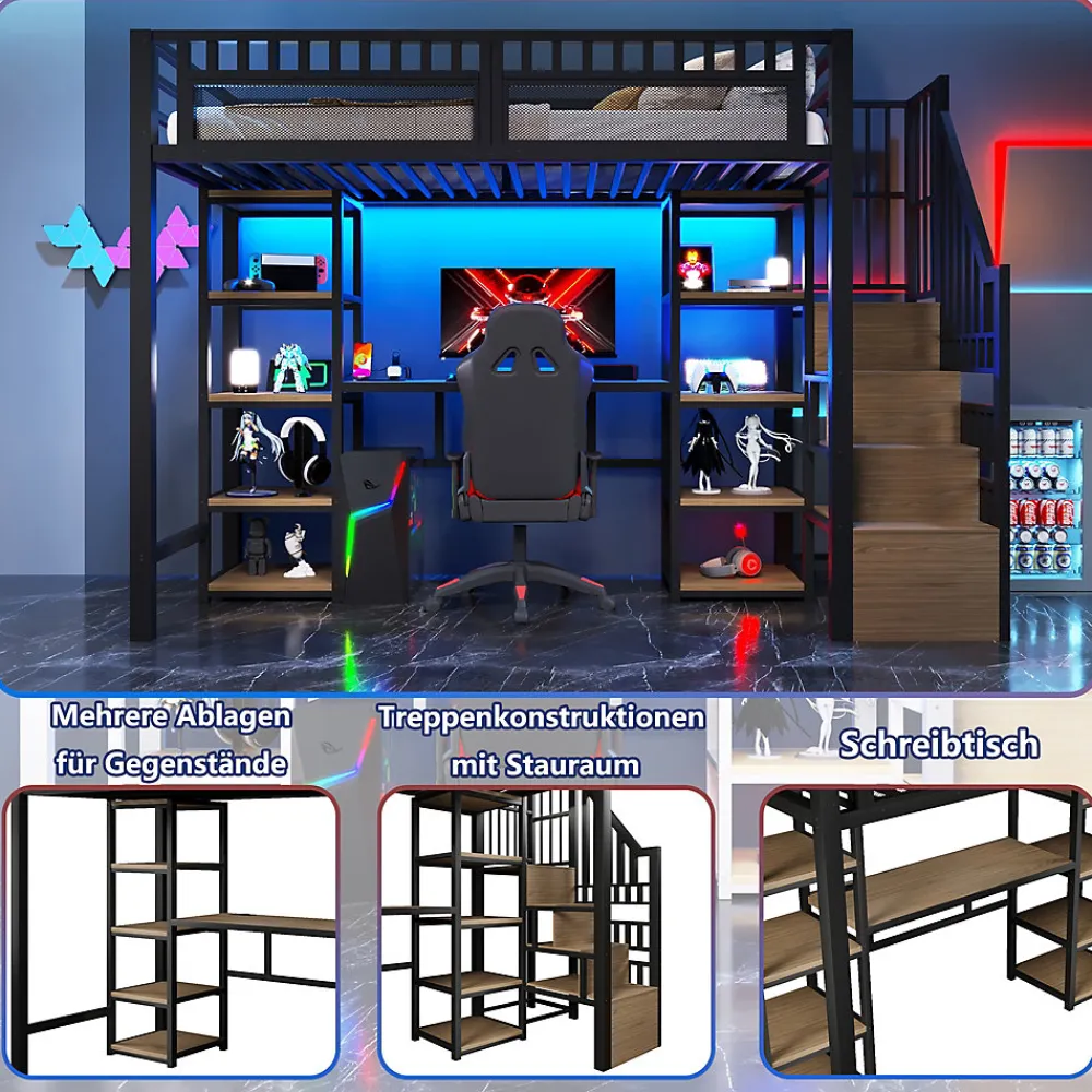 Lit Mezzanine 90x200 cm - Lit Ado Simple avec Bureau, Escalier Rangement et LED - Métal et MDF - sans Matelas - Noir>Okwish Outlet