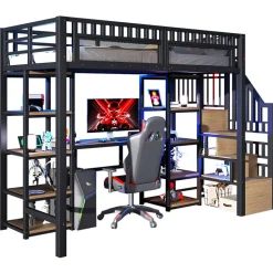 Lit Mezzanine 90x200 cm - Lit Ado Simple avec Bureau, Escalier Rangement et LED - Métal et MDF - sans Matelas - Noir><noscript><img width=