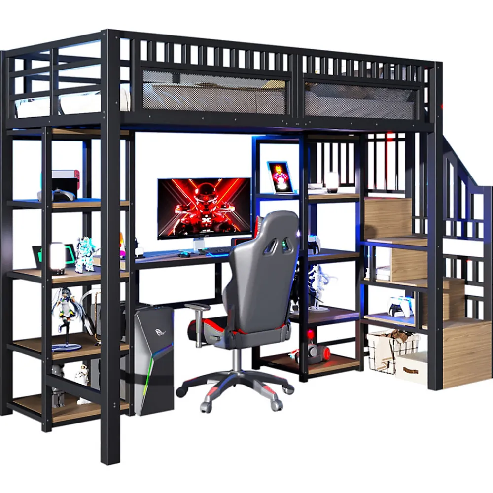 Lit Mezzanine 90x200 cm - Lit Ado Simple avec Bureau, Escalier Rangement et LED - Métal et MDF - sans Matelas - Noir>Okwish Outlet
