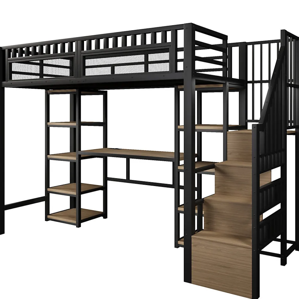 Lit Mezzanine 90x200 cm - Lit Ado Simple avec Bureau, Escalier Rangement et LED - Métal et MDF - sans Matelas - Noir>Okwish Outlet