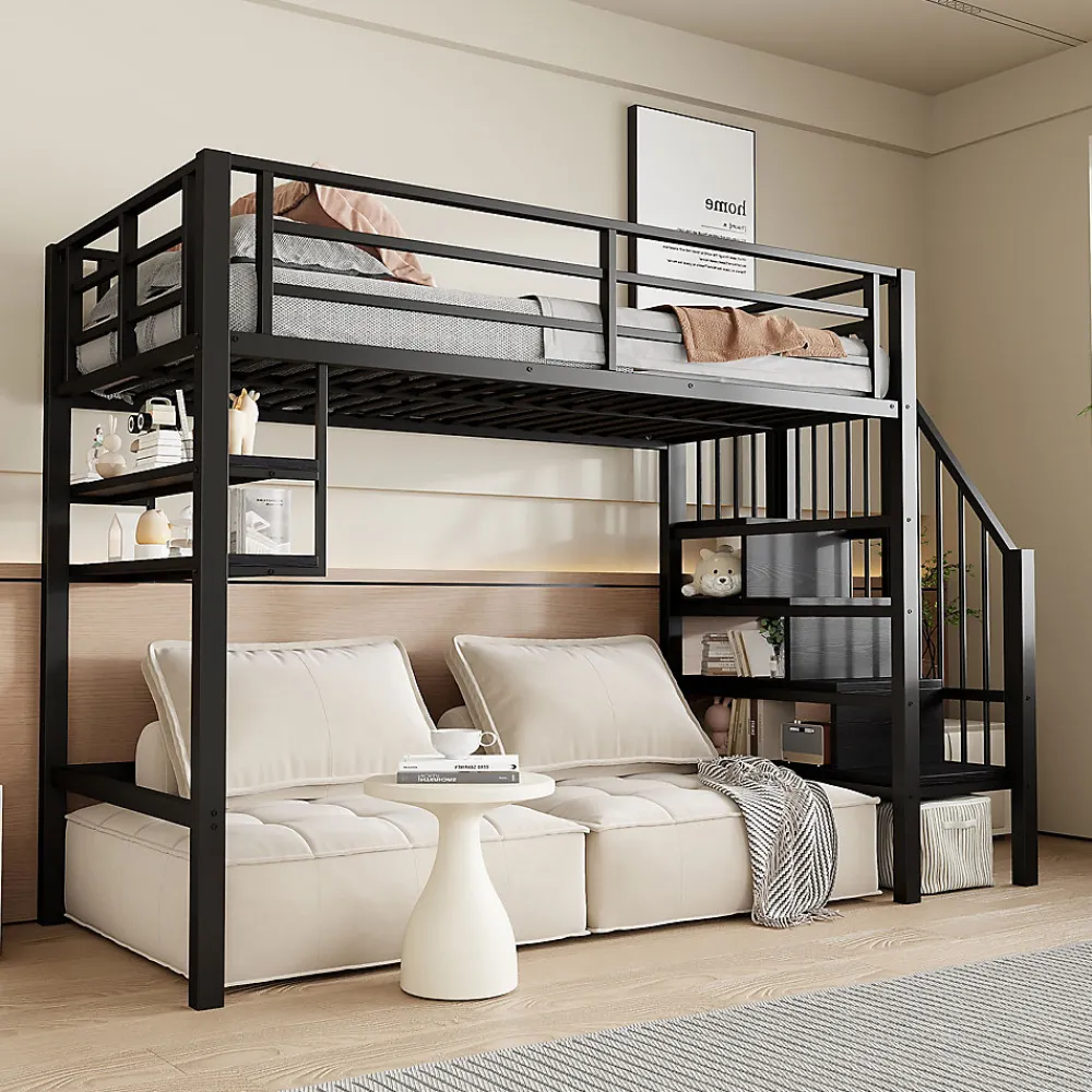 Okwish Lit mezzanine 90x200 cm - Lit avec rangement sous escalier et étagères intégrées - Métal et MDF - Sans matelas - Noir* Lit Mezzanine