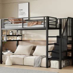 Okwish Lit mezzanine 90x200 cm - Lit avec rangement sous escalier et étagères intégrées - Métal et MDF - Sans matelas - Noir* Lit Mezzanine