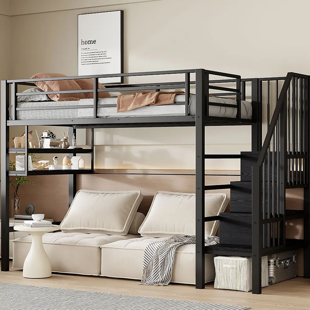 Okwish Lit mezzanine 90x200 cm - Lit avec rangement sous escalier et étagères intégrées - Métal et MDF - Sans matelas - Noir* Lit Mezzanine
