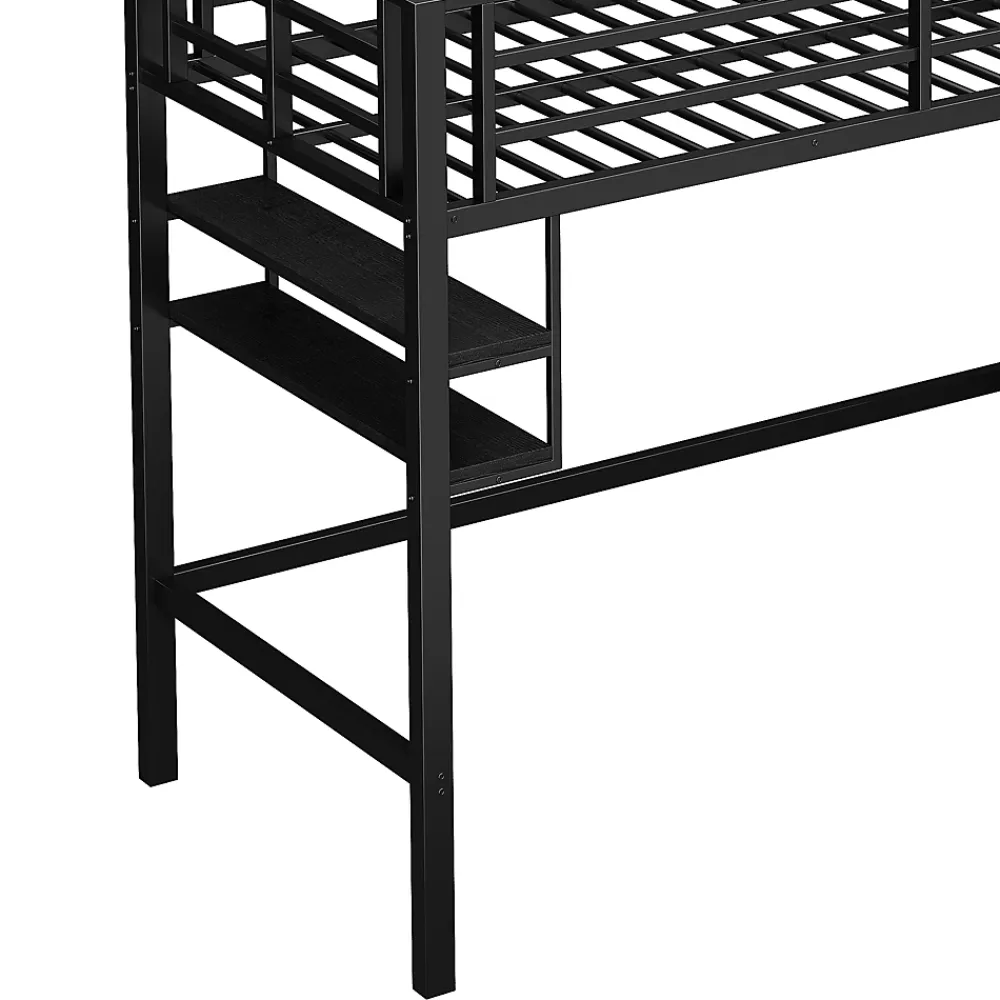 Okwish Lit mezzanine 90x200 cm - Lit avec rangement sous escalier et étagères intégrées - Métal et MDF - Sans matelas - Noir* Lit Mezzanine