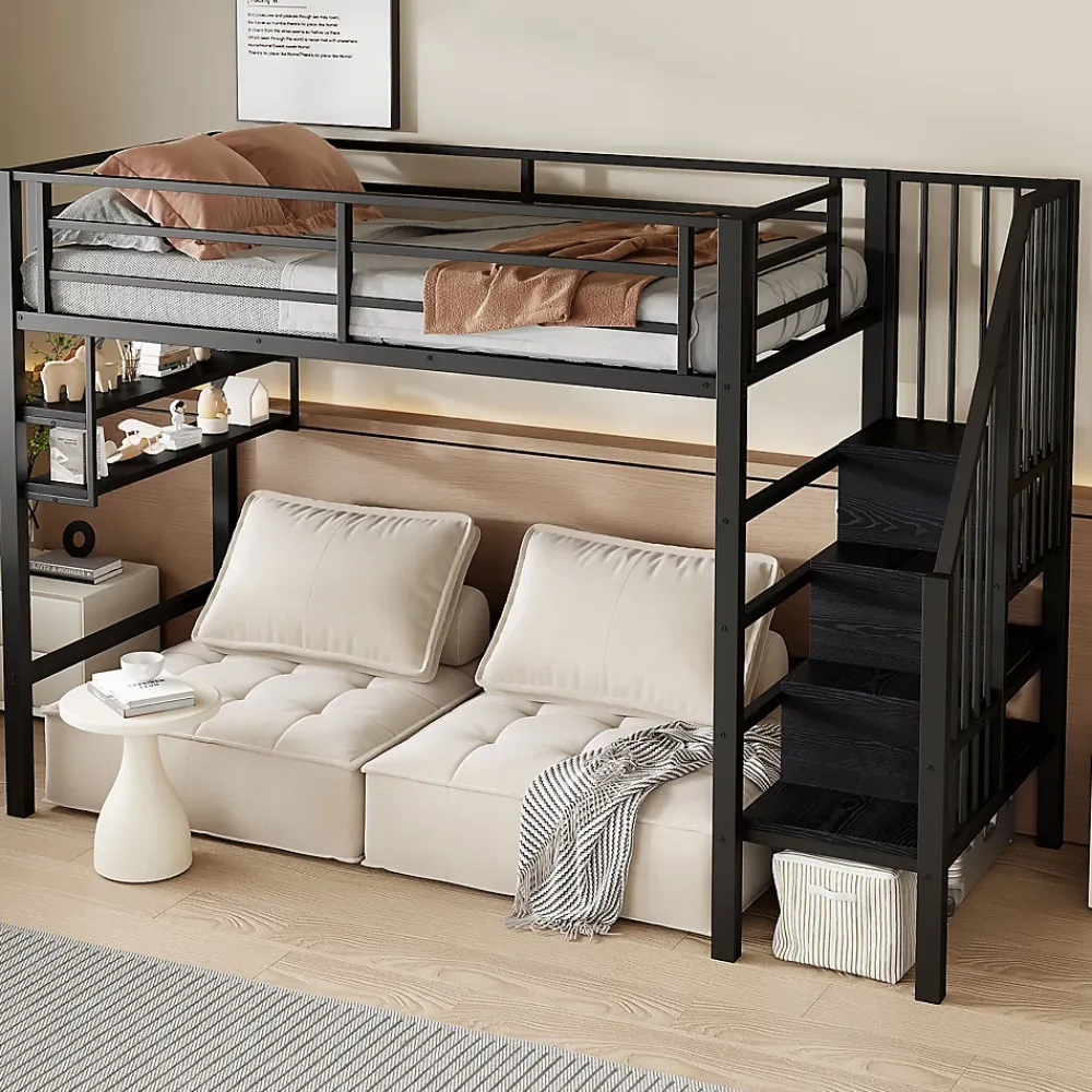 Okwish Lit mezzanine 90x200 cm - Lit avec rangement sous escalier et étagères intégrées - Métal et MDF - Sans matelas - Noir* Lit Mezzanine
