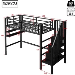 Okwish Lit mezzanine 90x200 cm - Lit avec rangement sous escalier et étagères intégrées - Métal et MDF - Sans matelas - Noir* Lit Mezzanine