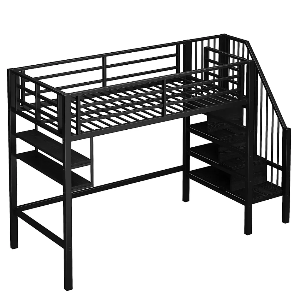 Okwish Lit mezzanine 90x200 cm - Lit avec rangement sous escalier et étagères intégrées - Métal et MDF - Sans matelas - Noir* Lit Mezzanine