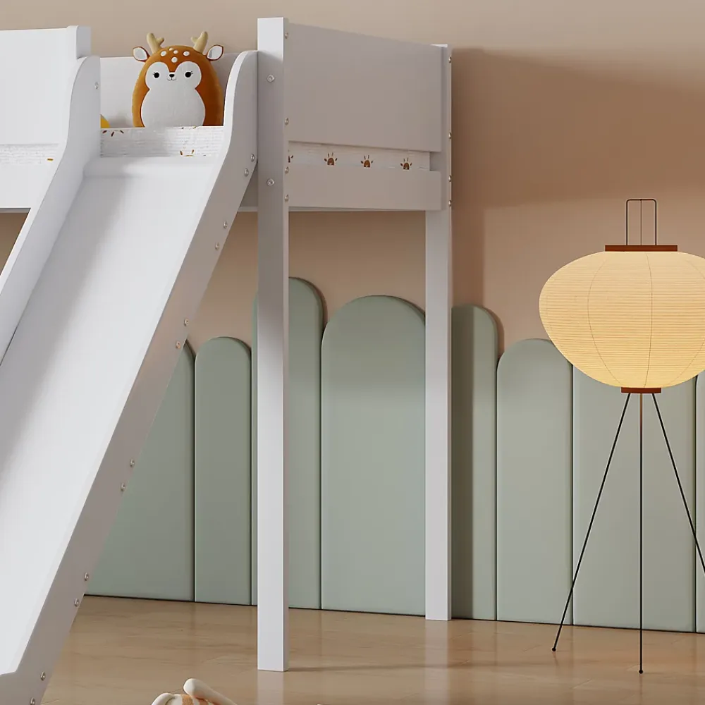 Okwish Lit mezzanine 90x200 cm - Lit avec échelle à 3 marches, toboggan et étagère amovible - Pin + MDF - Sans matelas - Blanc + Naturel*Enfant Lit Enfant