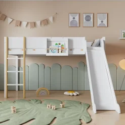 Okwish Lit mezzanine 90x200 cm - Lit avec échelle à 3 marches, toboggan et étagère amovible - Pin + MDF - Sans matelas - Blanc + Naturel*Enfant Lit Enfant