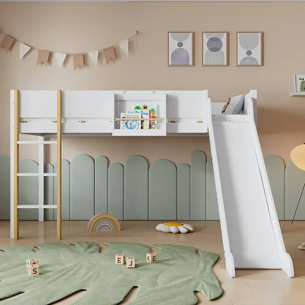 Okwish Lit mezzanine 90x200 cm - Lit avec échelle à 3 marches, toboggan et étagère amovible - Pin + MDF - Sans matelas - Blanc + Naturel*Enfant Lit Enfant