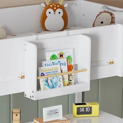 Okwish Lit mezzanine 90x200 cm - Lit avec échelle à 3 marches, toboggan et étagère amovible - Pin + MDF - Sans matelas - Blanc + Naturel*Enfant Lit Enfant