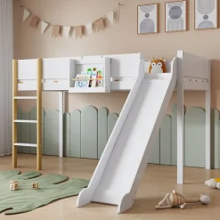 Okwish Lit mezzanine 90x200 cm - Lit avec échelle à 3 marches, toboggan et étagère amovible - Pin + MDF - Sans matelas - Blanc + Naturel*Enfant Lit Enfant